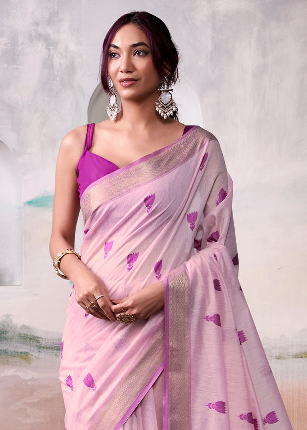 Lilac Pink Woven Banarasi Cotton Silk Saree