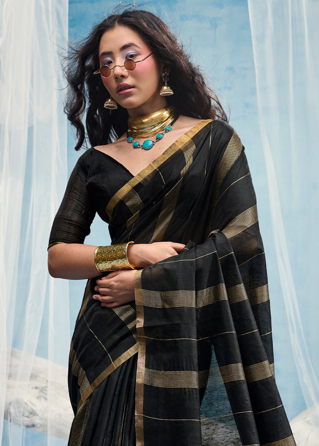 Black Woven Munga Cotton Saree