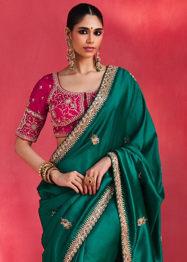 Deep Teal Green Embroidered Soft Silk Saree With Contrast Blouse