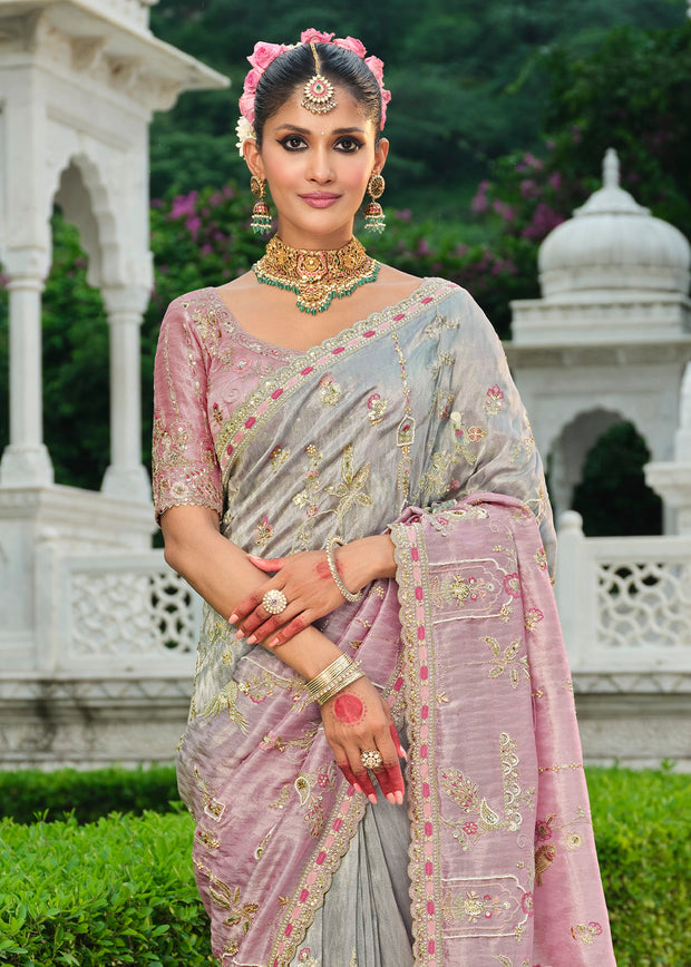 Grey Pink Designer Embroidered Silk Saree