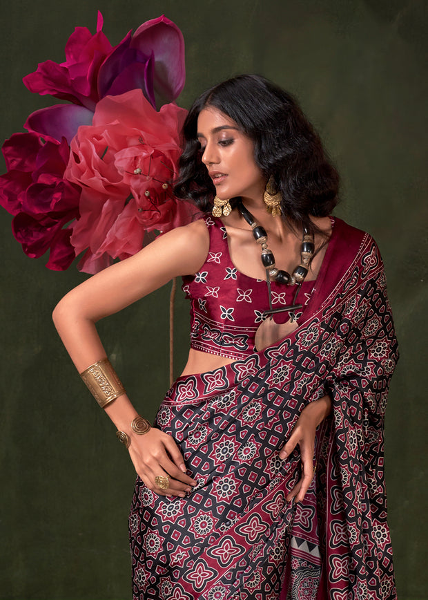 Beet Red Printed Satin Crepe Silk Saree
