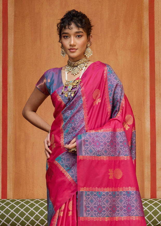 Pink Blue Woven Banarasi Silk Saree