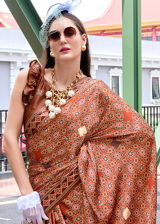Caramel Brown Satin Crepe Digital Printed Saga Saree With Contrast Blouse