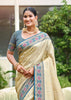 Cream And Blue Woven Banarasi Silk Saree