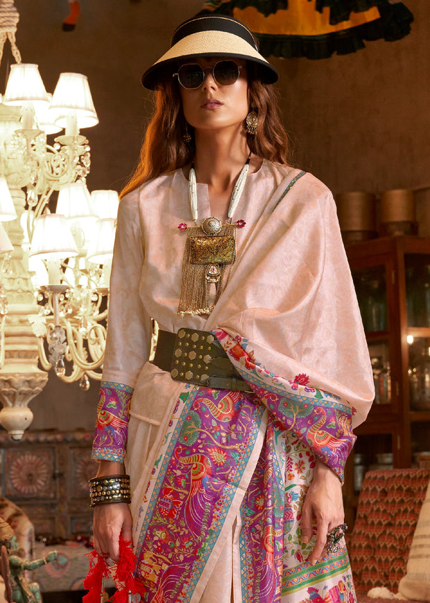 Snow White Madhubani Printed Saree
