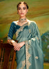 Storm Blue Heavy Embroidered Designer Silk Saree With contrast Blouse