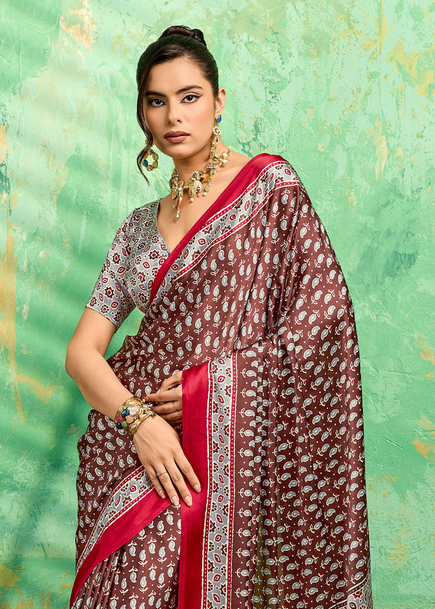 Chocolate Brown Printed Satin Silk Saree