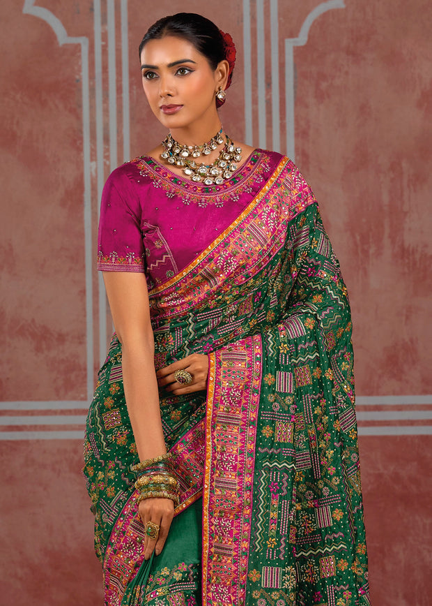Forest Green Embroidered Designer Saree
