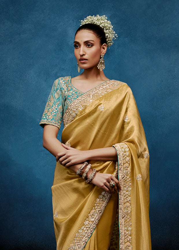 Misted Yellow Embroidered Designer Tissue Saree