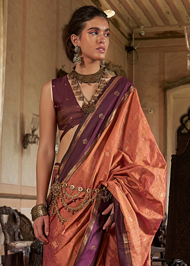 Peach Pink Banarasi Tussar Silk Saree