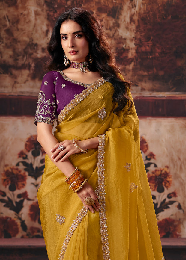 Yellow Designer Organza Saree With Embroidered Blouse
