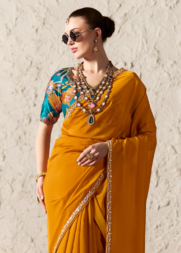 Mustard Yellow Designer Organza Tissue Silk Saree With Printed Blouse