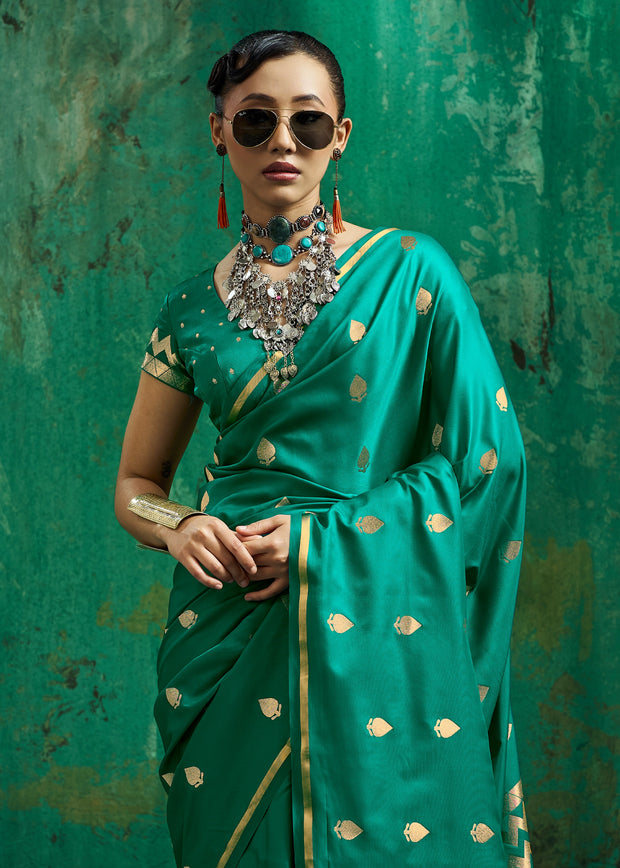 Marine Green Woven Banarasi Satin Silk Saree