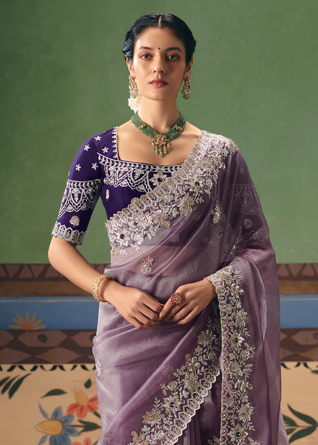 Mauve Purple Embroidered Designer Saree