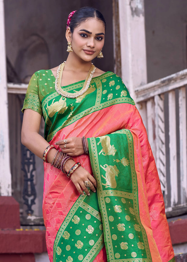 Peach Pink Woven Banarasi Silk Saree
