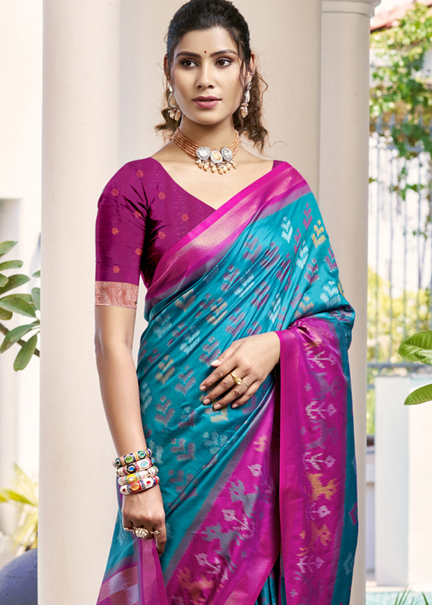 Teal Blue Woven Patola Silk Saree