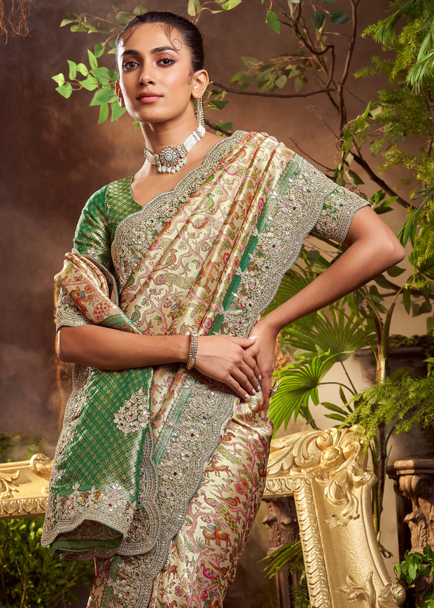 Beige And Green Embroidered Designer Saree