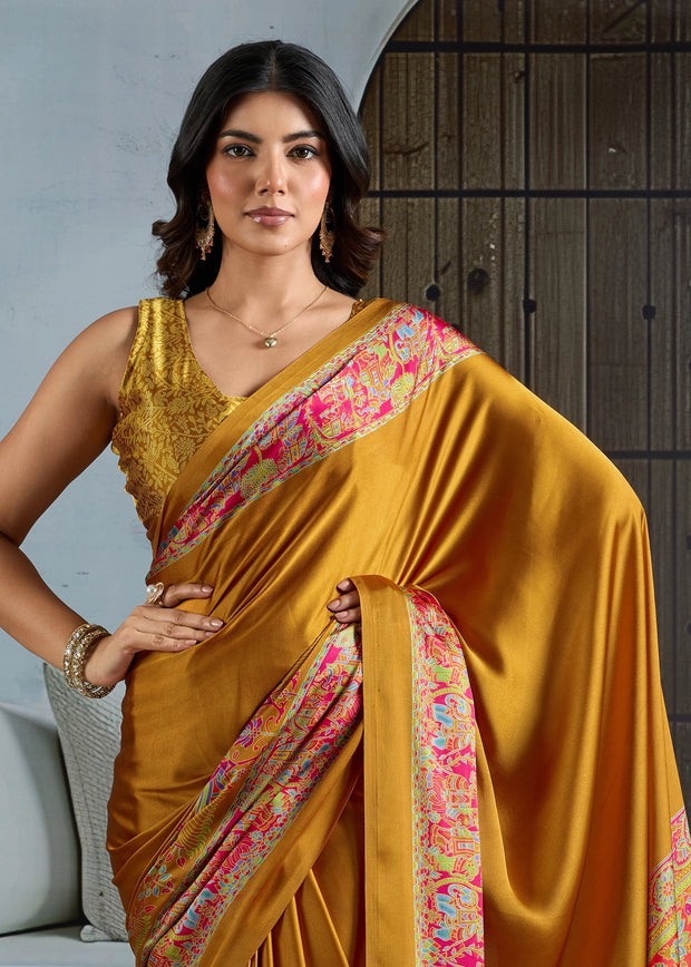 Golden Yellow Printed Satin Silk Saree
