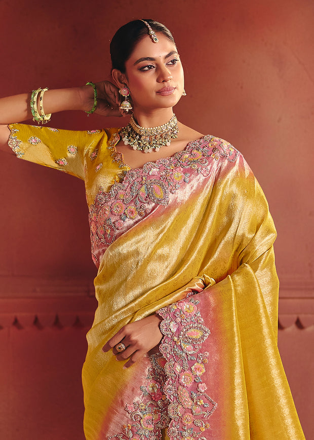 Festive Yellow Designer Embroidered Saree