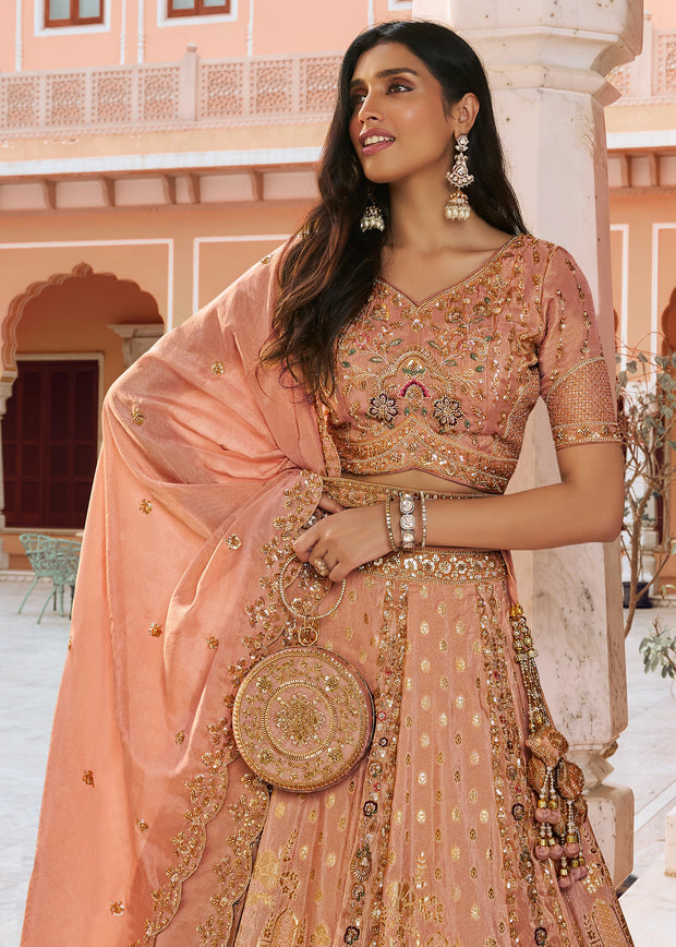 Peach Banarasi Silk Embroidered Lehenga