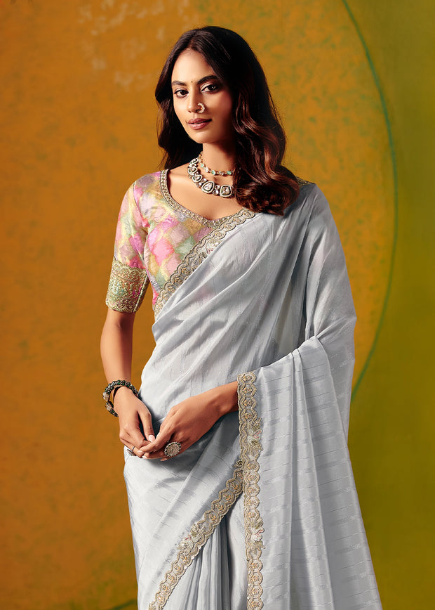 Starlight Blue Designer Embroidered Saree