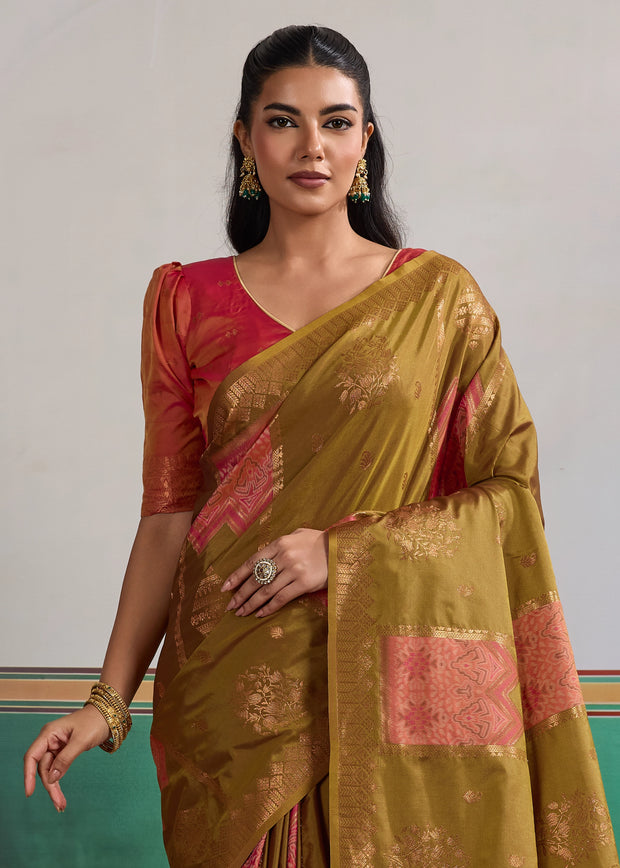 Olive Green Banarasi Silk Saree