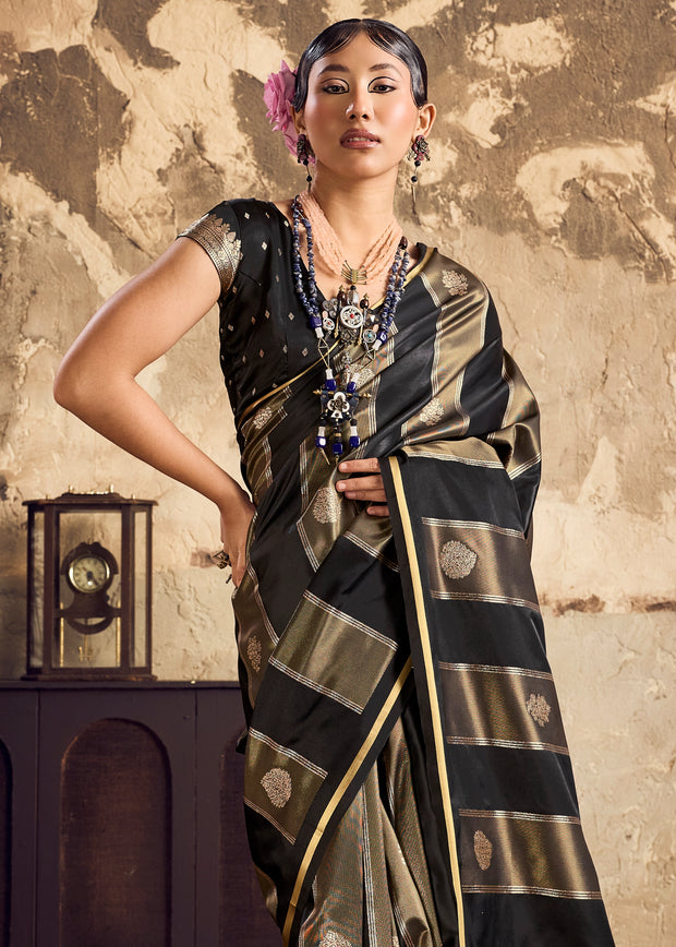 Black And Golden Rangkat Satin Silk Saree