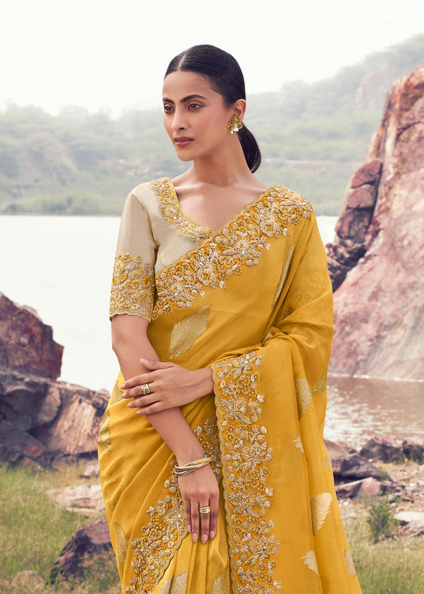 Mustard Yellow Woven Embroidered Tissue Silk Saree