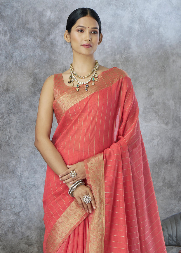 Coral Peach Woven Cotton Saree