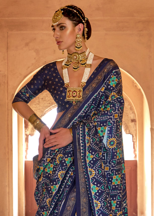 Navy Blue Printed Patola Silk Saree