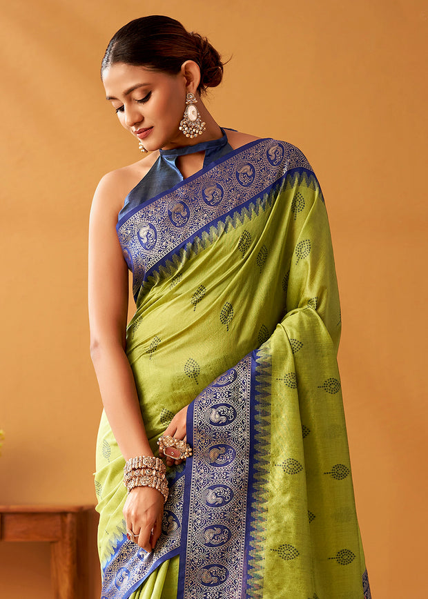 Lime Green Woven Banarasi Cotton Silk Saree