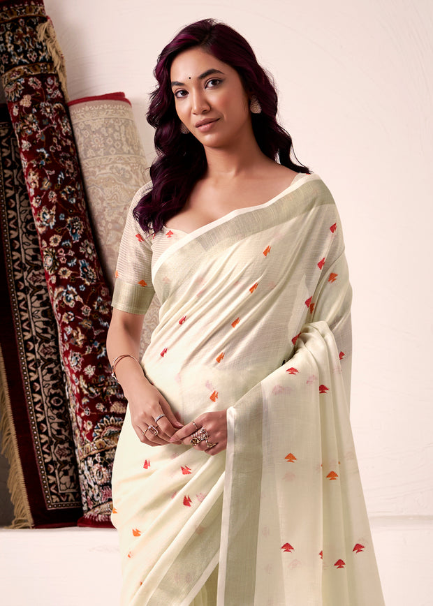 Antique White Woven Linen Silk Saree