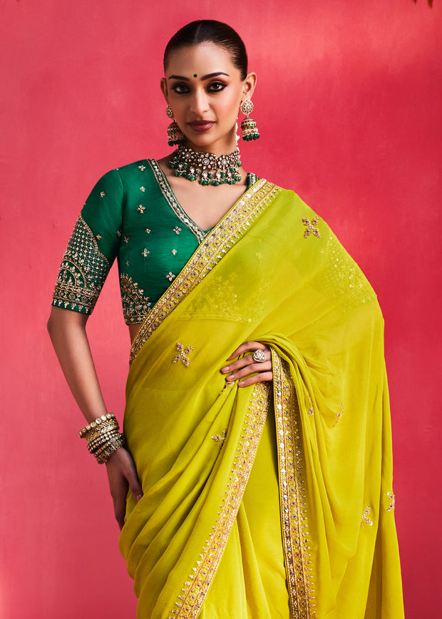 Lime Green Embroidered Soft Silk Saree With Contrast Blouse