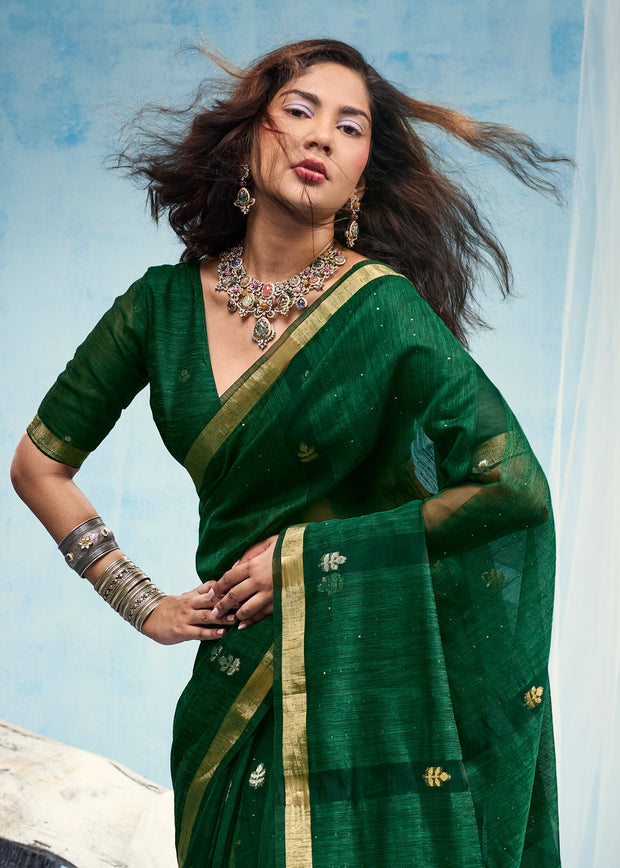 Hunter Green Woven Cotton Silk Saree