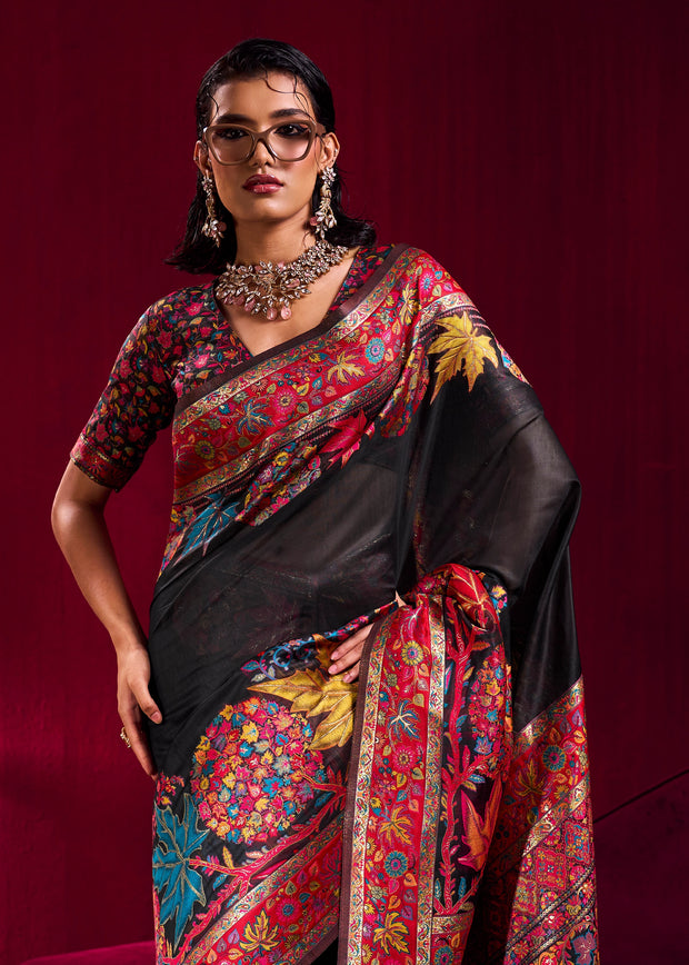 Pirate Black Woven Cotton Kashmiri Jamewar Saree