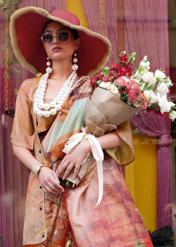 Almond Beige Digital Printed Soft Silk Saree