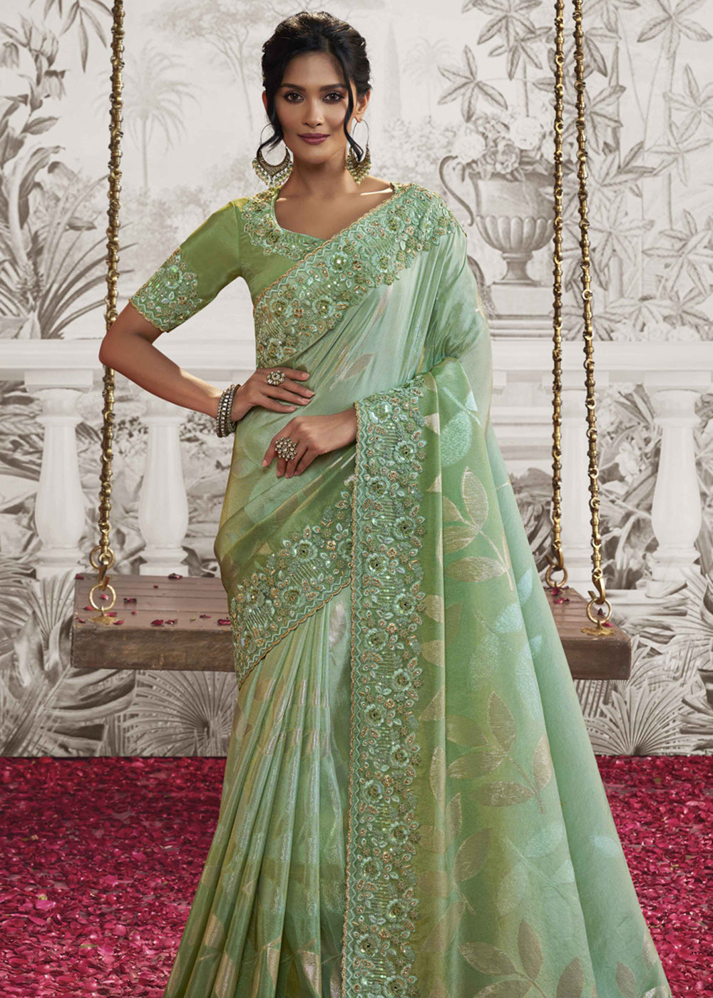 Ganges Green Heavy Embroidered Designer Silk Saree – Zari Banaras