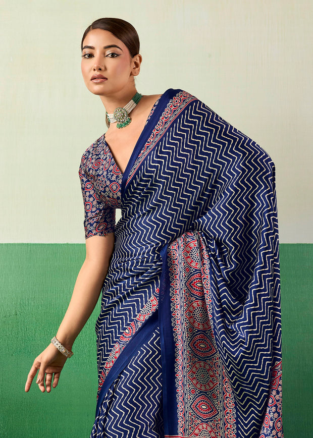 Denim Blue Printed Satin Silk Saree