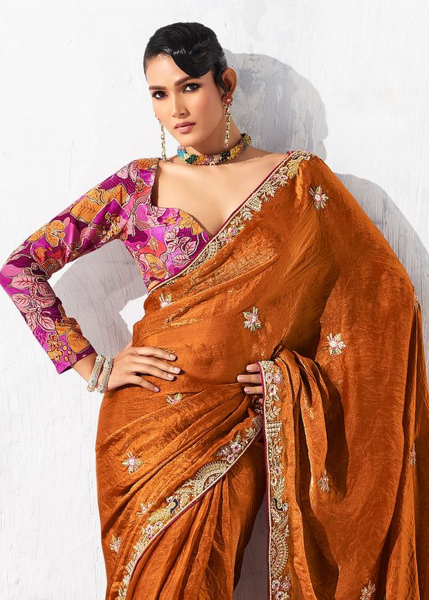 Rust Orange Embroidered Designer Saree