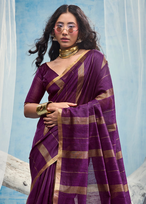 Plum Purple Woven Munga Cotton Saree