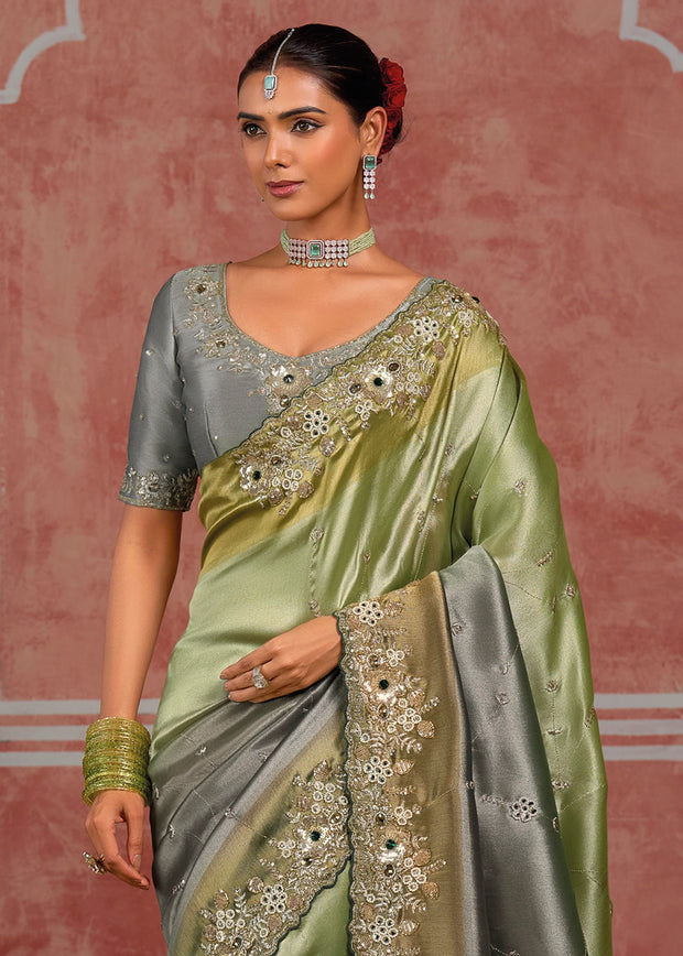 Grey and Green Embroidered Designer Saree