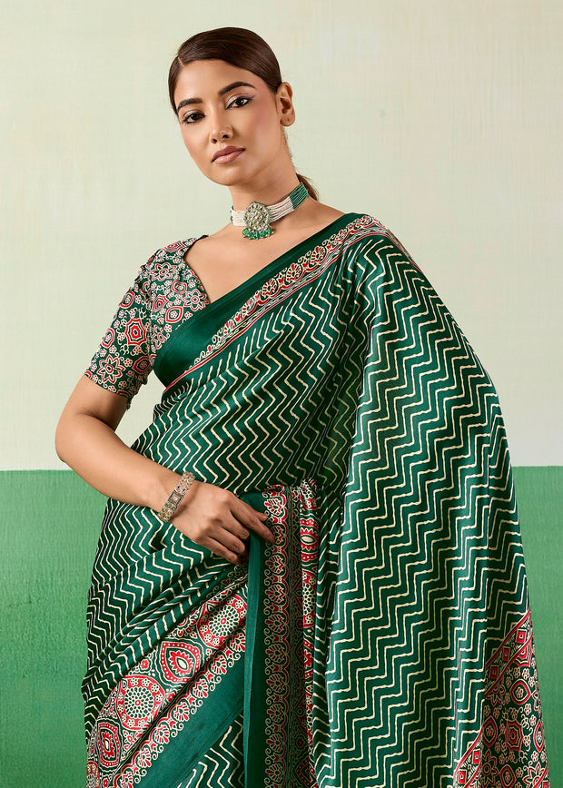 Hunter Green Printed Satin Silk Saree