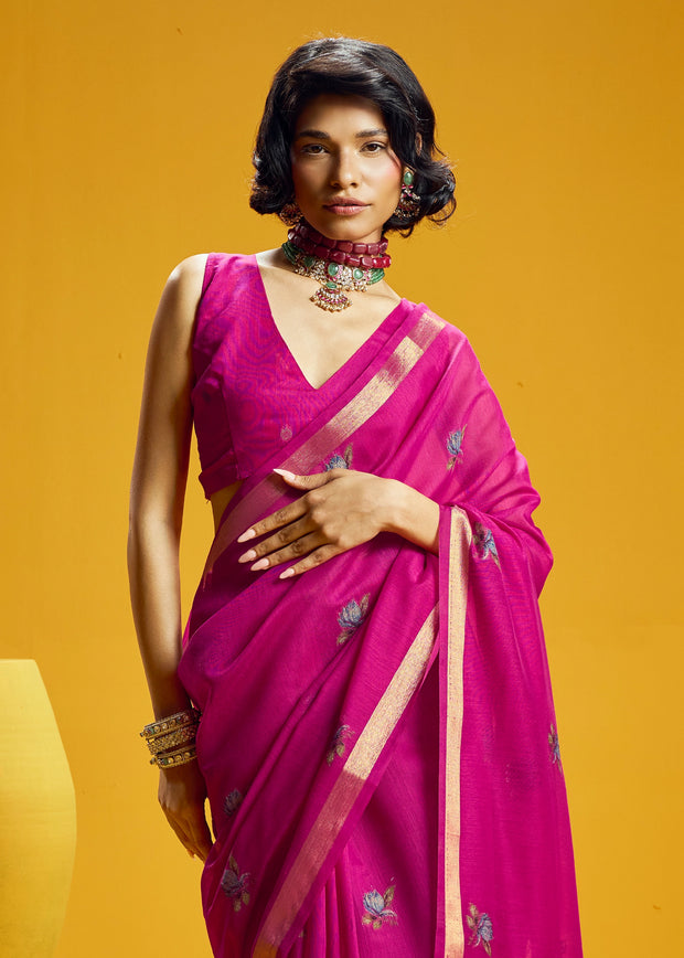 Fuchsia Pink Woven Munga Cotton Silk Saree