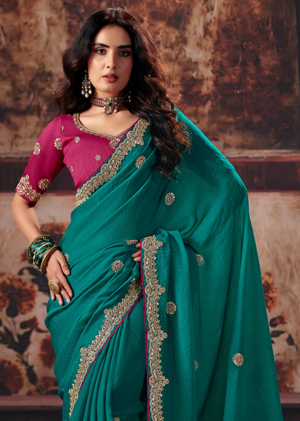 Rama Green Designer Silk Saree With Embroidered Blouse