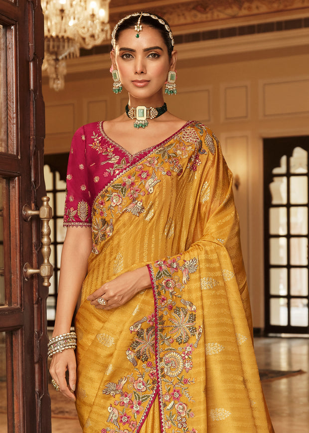 Mustard Yellow Designer Embroidered Silk Saree