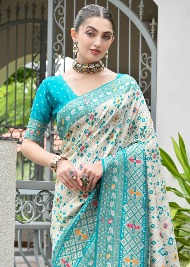 White & Sea Green Woven Banarasi Patola Silk Saree