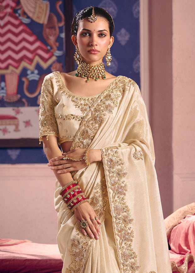 Off white Embroidered Tissue Designer Saree