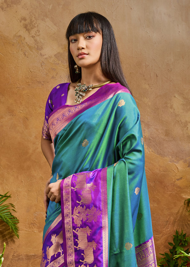 Swedish Blue Woven Banarasi Silk Saree