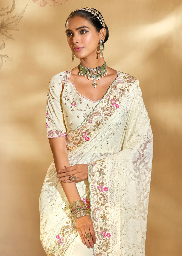Pearl White Embroidered Georgette Silk Saree
