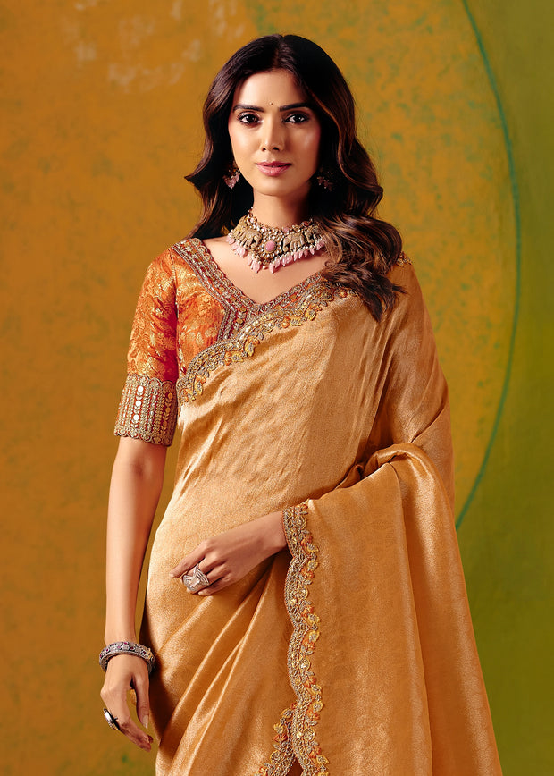 Sunset Orange Designer Embroidered Saree